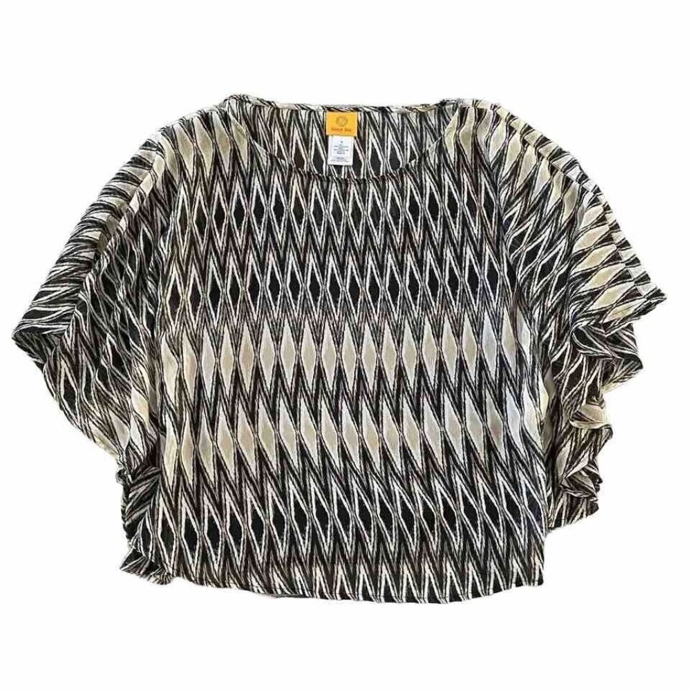 Ruby Rd. Blouse Womens Size Small Sheer Lined Flared Sleeves Tan Black Geometric